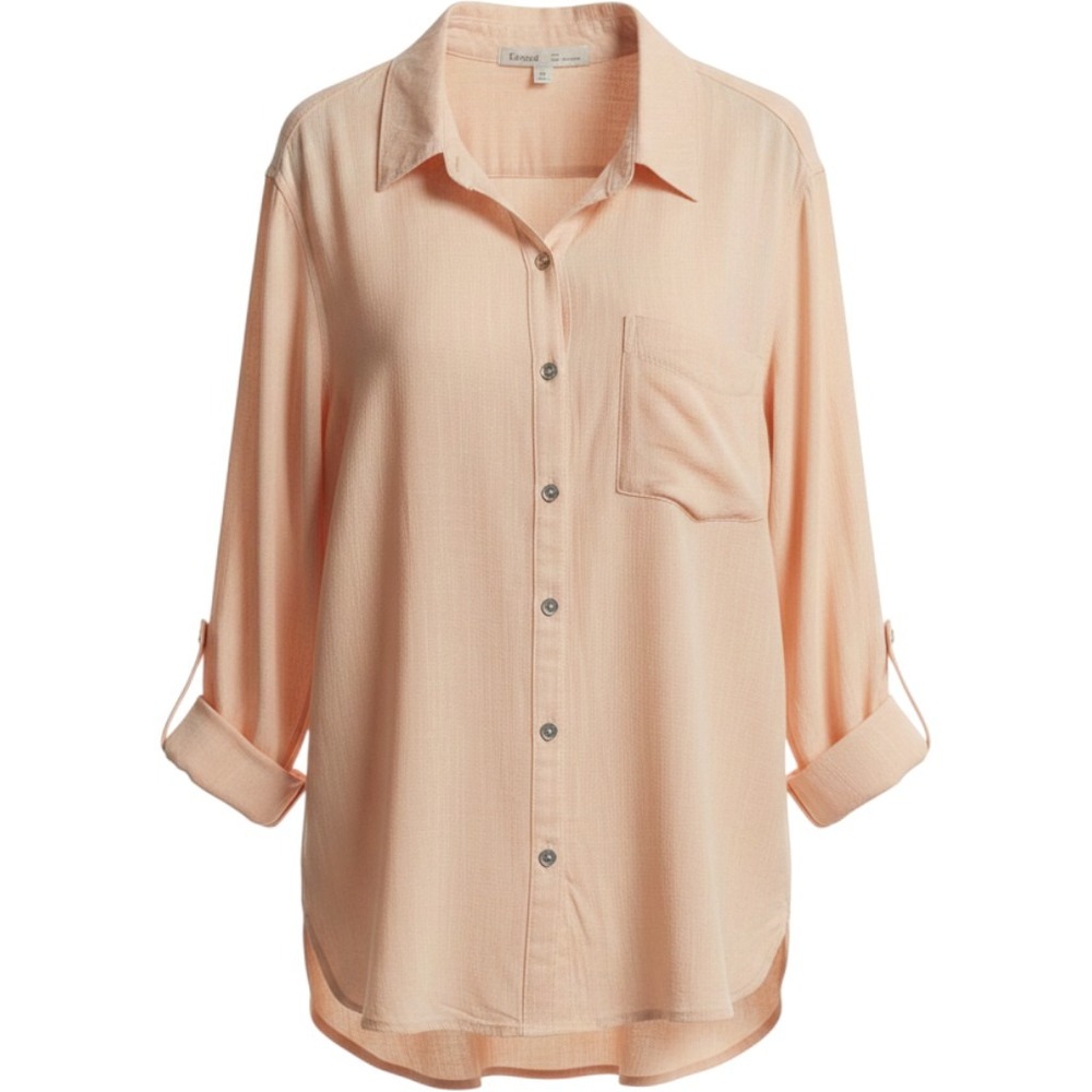 Becool Button Down Shirt Size S Peach Roll Tab Sleeve Textured Rayon Boho Casual